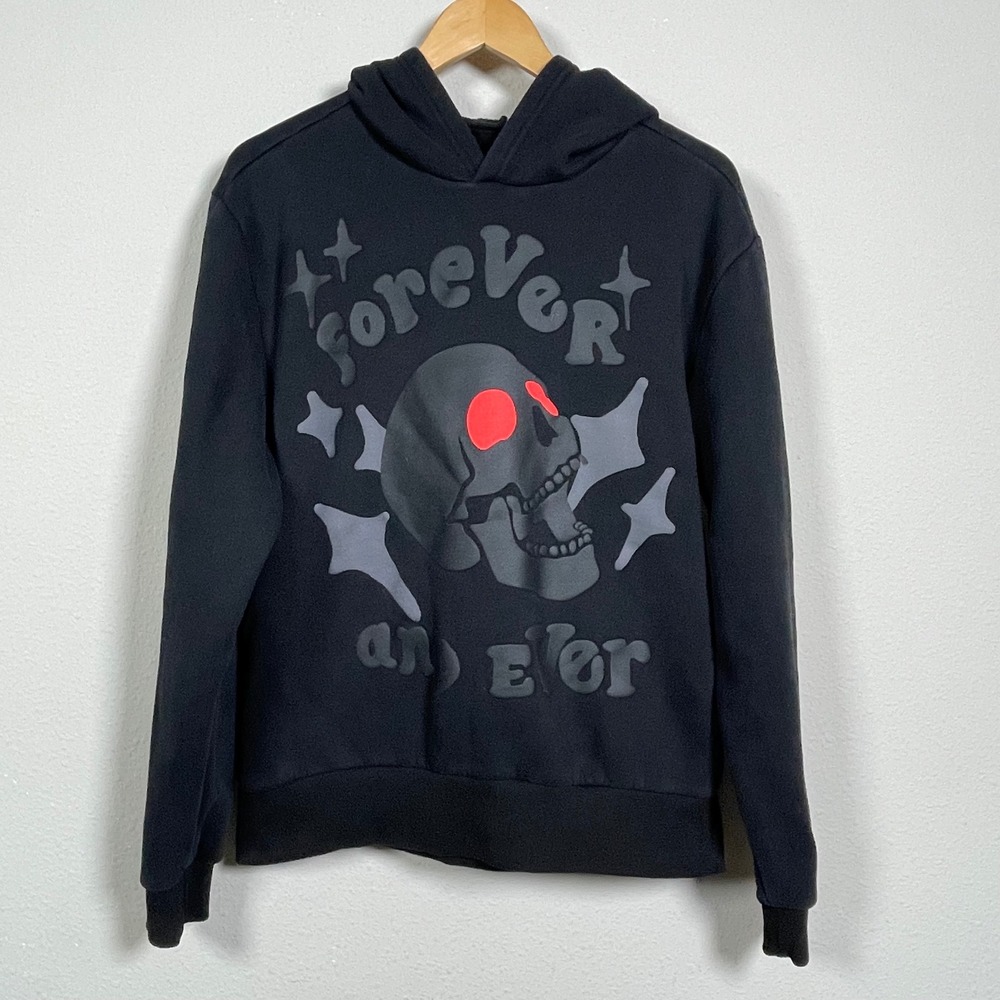 PacSun Skull Graphic Hoodie Mens Medium Black Forever and Ever Puff Print Emo